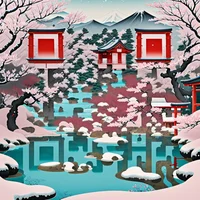 QR Code Expert beautiful example: Japanese snowy mountain landscape.