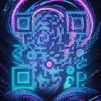 QR Code Expert beautiful example: Neon cosmic Fibonacci spiral.