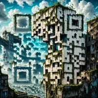 QR Code Expert beautiful example: Apocalyptic overgrown town ruins.