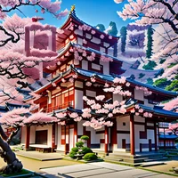 QR Code Expert beautiful example: Japanese temple with cherry blossoms.