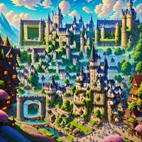 QR Code Expert beautiful example: Bustling medieval castle town.